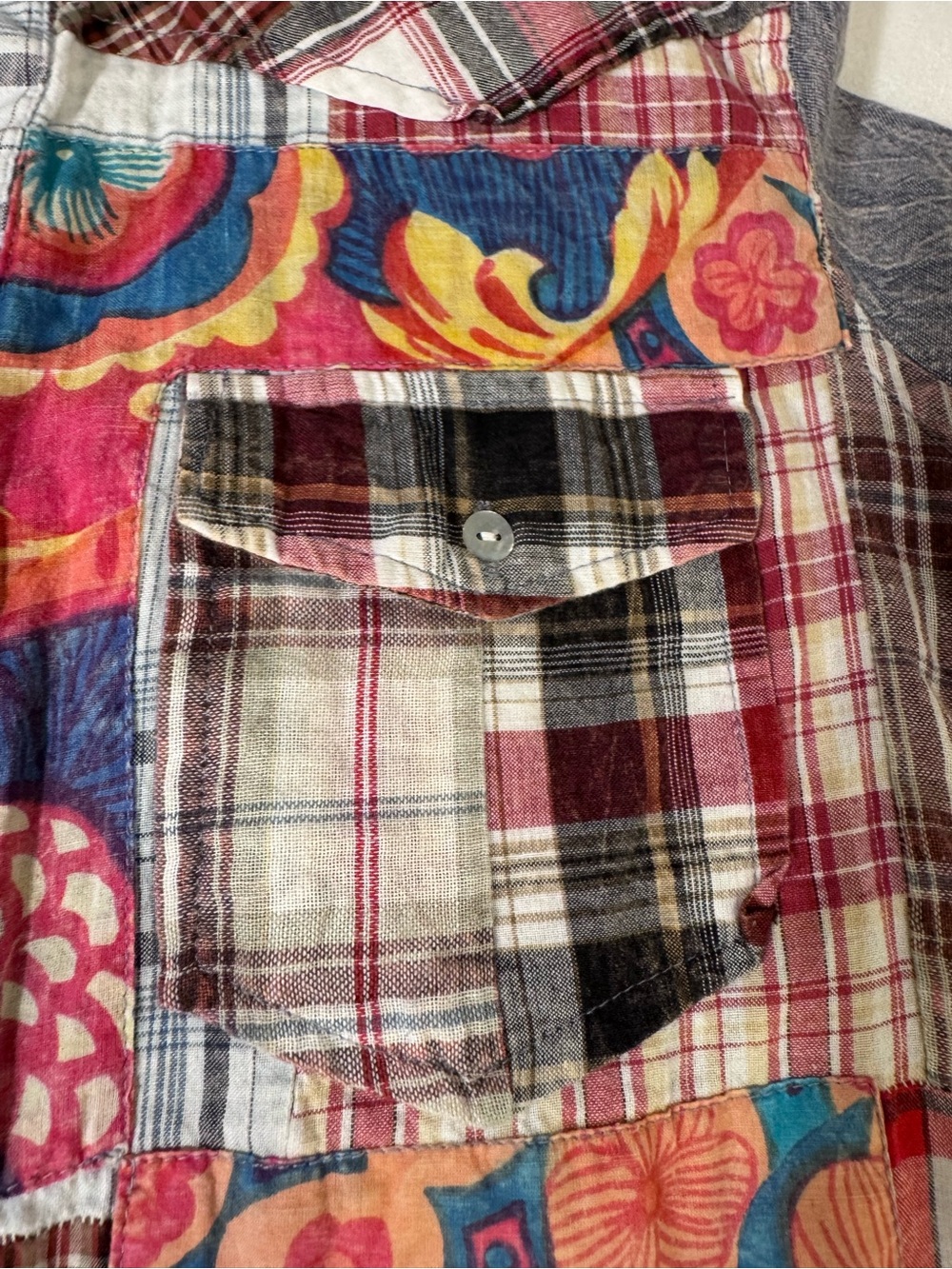 Sundance Medium Patchwork Plaid Floral Chambray Denim Button Down Boho Shirt - Picture 5 of 13